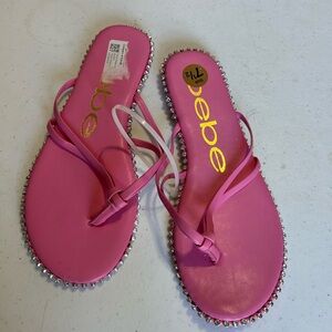 Bebe Chora Thong Flip Flop Size 7.5 Pink With Rhinestones Cushioned Sole NWT